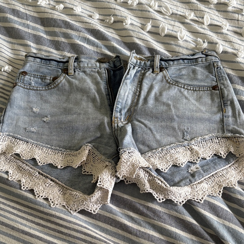 Free People Jean Shorts Denim Floral Knit